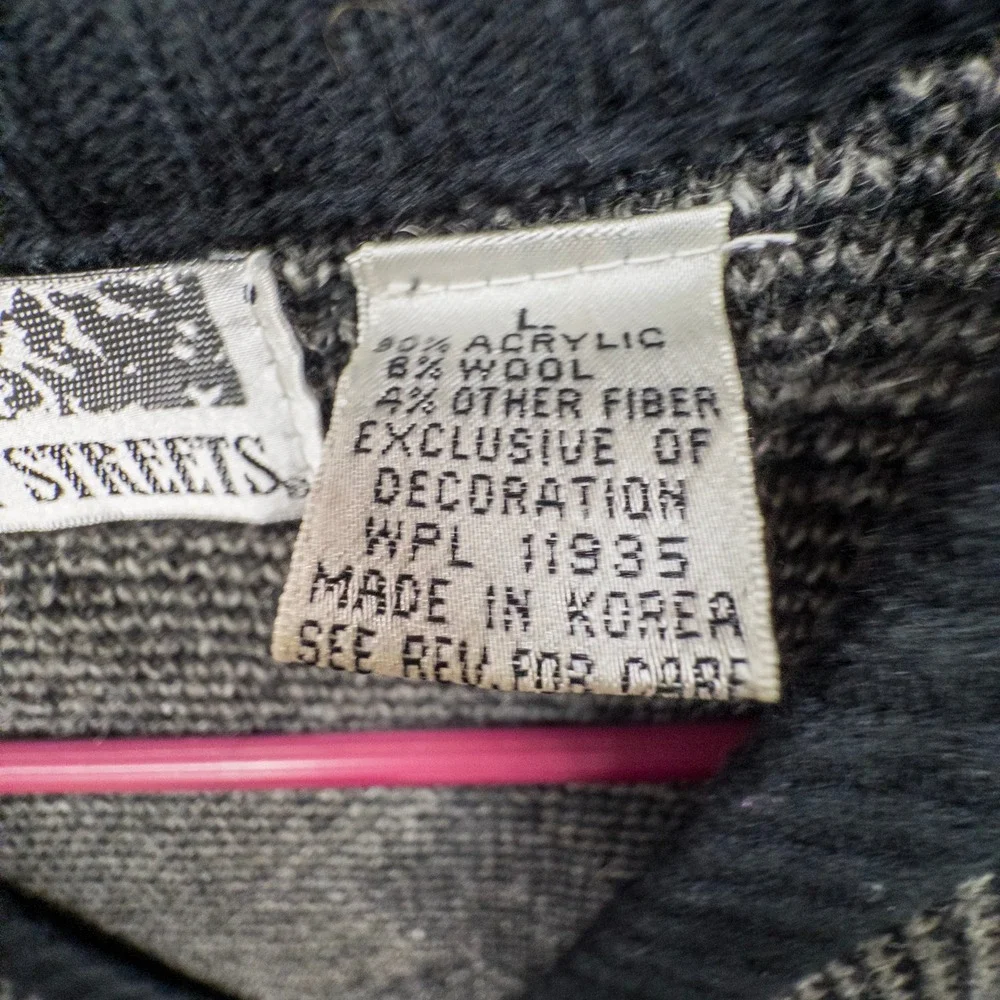 Vintage City Streets Mens Large Geometric Knit Cardigan Sweater Gray Black Korea